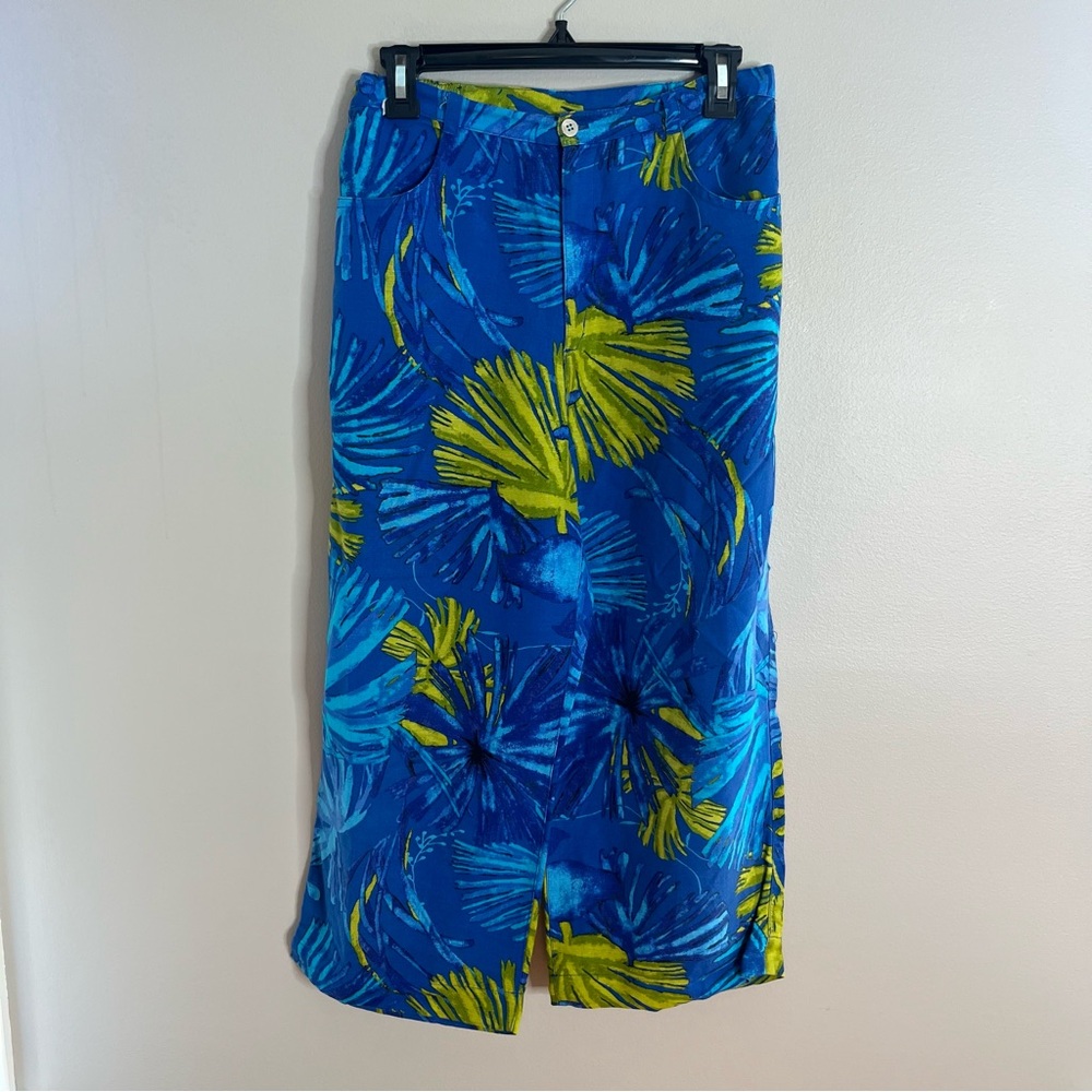 Chico's Size 1 (Medium) Blue Palm Linen Wide Leg Crop Pants Summer